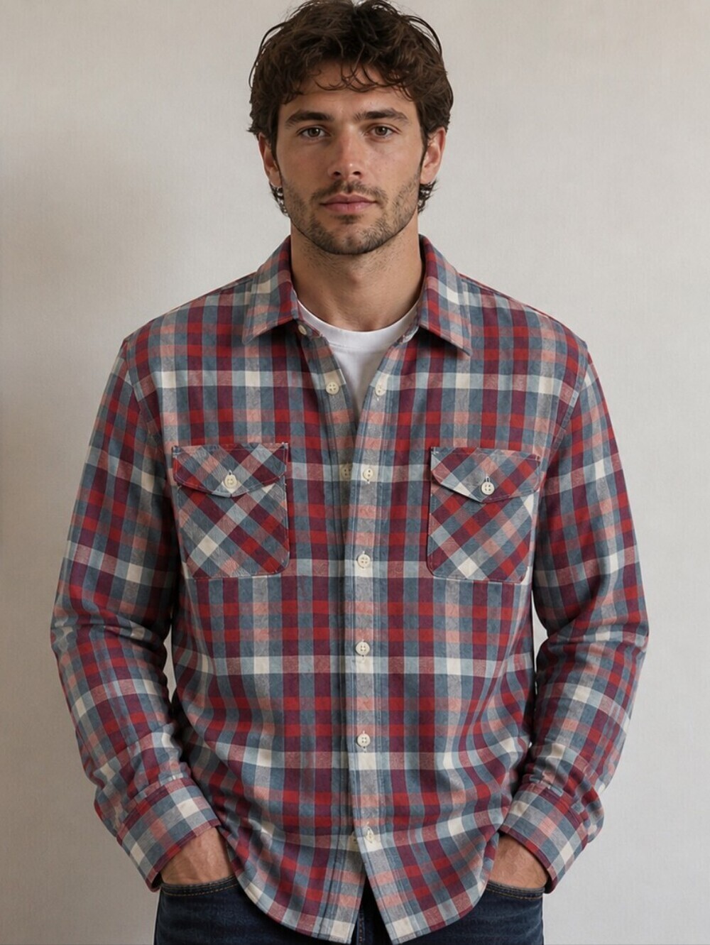 J.CREW HEAVYWEIGHT FLANNEL PLAID SHIRT MEN SIZE L RED BLUE CLASSIC